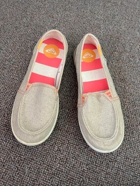 Roxy Beige Canvas Slip-On Shoes with Pink and Orange Striped Insole